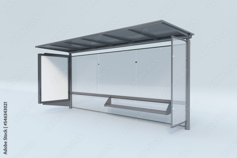 3D rendering of a modern simple bus stop side view on white background 3D rendering of a modern simple bus stop side view on white background