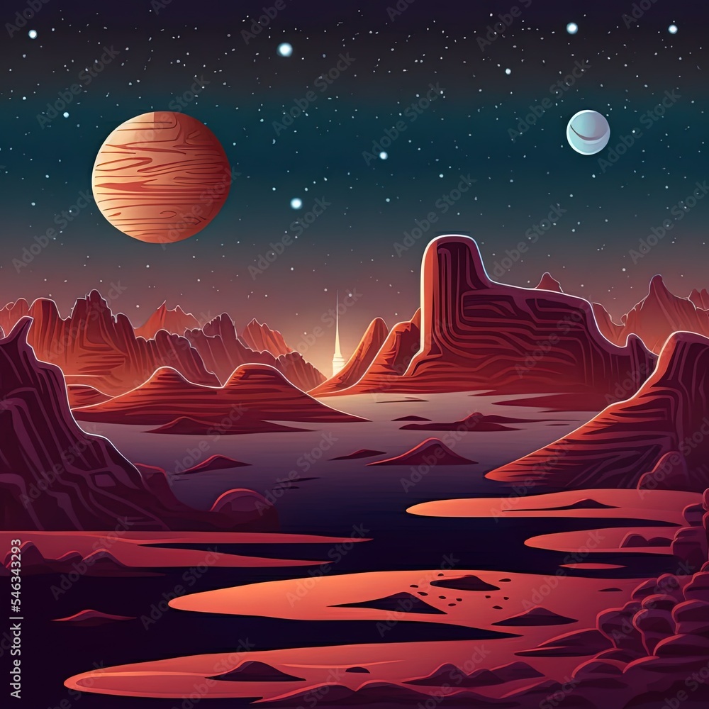 Mars surface, alien planet landscape. Night space game background with