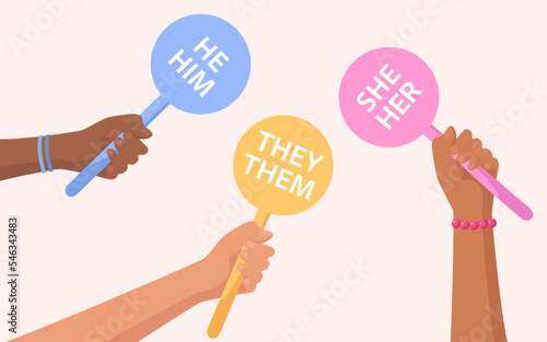 Gender pronouns - hands holding signs with different pronouns, male, female and non-binary photo