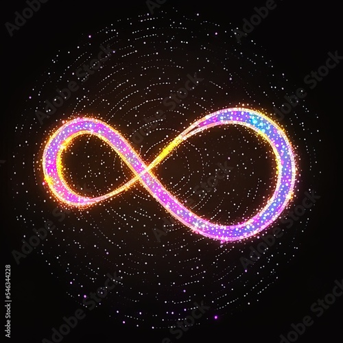 Lighting 3d infinity symbol. Beautiful glowing signs. Sparkling rings. Swirl icon on black background. Luminous trail effect. Colorful isolated sparkling loop. High quality illustration.