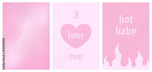 set of y2k style posters, 1990s 2000s nostalgia, fire, flame, heart, gradient background, trendy glamorous vector illustration