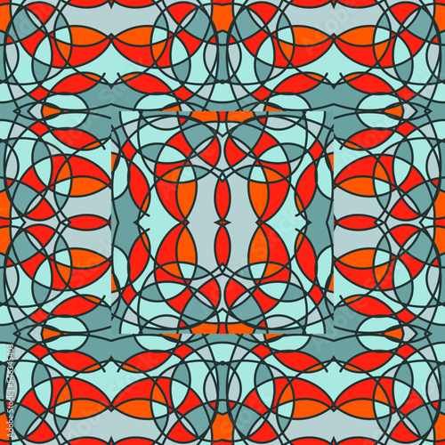 Decorative stained glass mosaic tile ornament. Circle kaleidoscope seamless pattern.