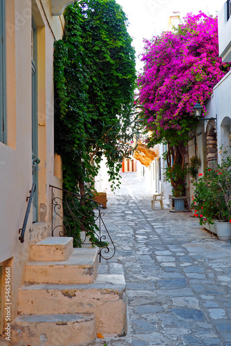 One of the charms of the Greek islands of the Cyclades  in the heart of the Aegean Sea  are the narrow streets lined with white houses with their cobbled stairs and their small flowered balconies