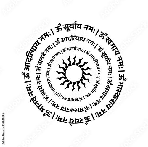 Lord Sun Mantra in Sanskrit. meaning 'I praying to Surya (bhaskaray, Ravaye, Khagay, Aadityay). photo