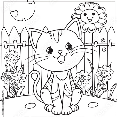 Happy cat playing outside. Coloring book for children. Cartoon outline illustration. Black and white vector drawing. Happy wild animal in nature. Fun isolated coloring page. Comic cute sketch