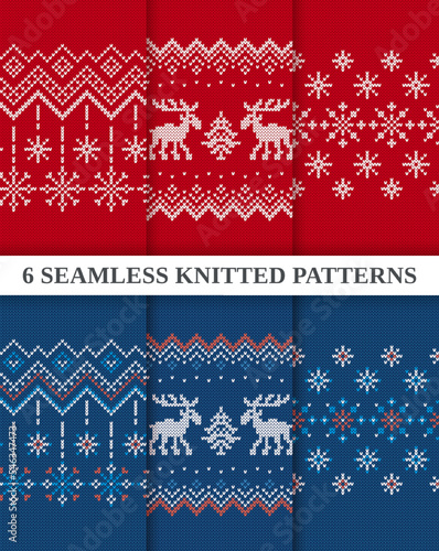 Xmas knit seamless patterns set. Christmas borders collection blue and red. Set knitted textures. Holiday ugly sweater. Fair isle traditional ornaments. Festive winter backgrounds. Vector illustration
