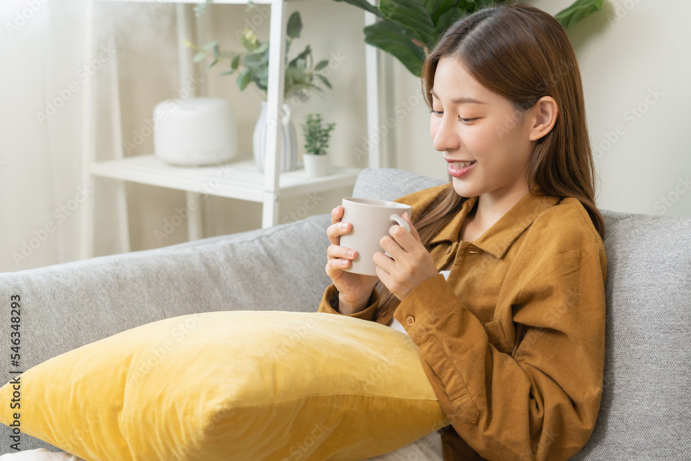 Modern air humidifier during relaxed, rest on sofa, happy asian young woman, girl enjoying, drinking with aromatherapy steam scent from essential oil diffuser comfortable in living room at home. Modern air humidifier during relaxed, rest on sofa, happy asian young woman, girl enjoying, drinking with aromatherapy steam scent from essential oil diffuser comfortable in living room at home.
