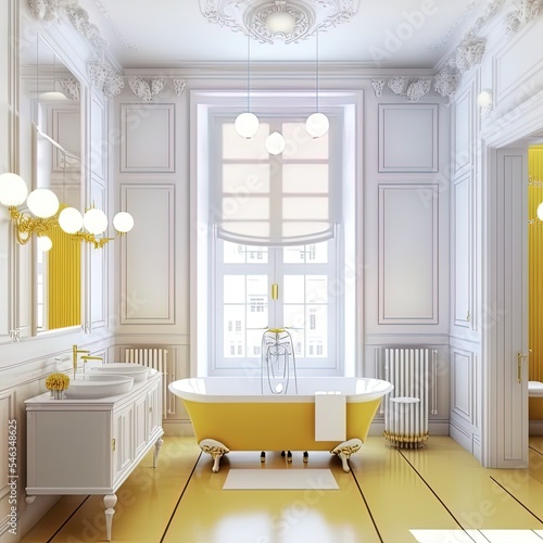 Modern white and yellow bathroom in classic room  wall moldings  parquet floor  bathtub with carpet and accessories  minimalist sink and decors  pendant lamps. Interior design concept  3d illustration