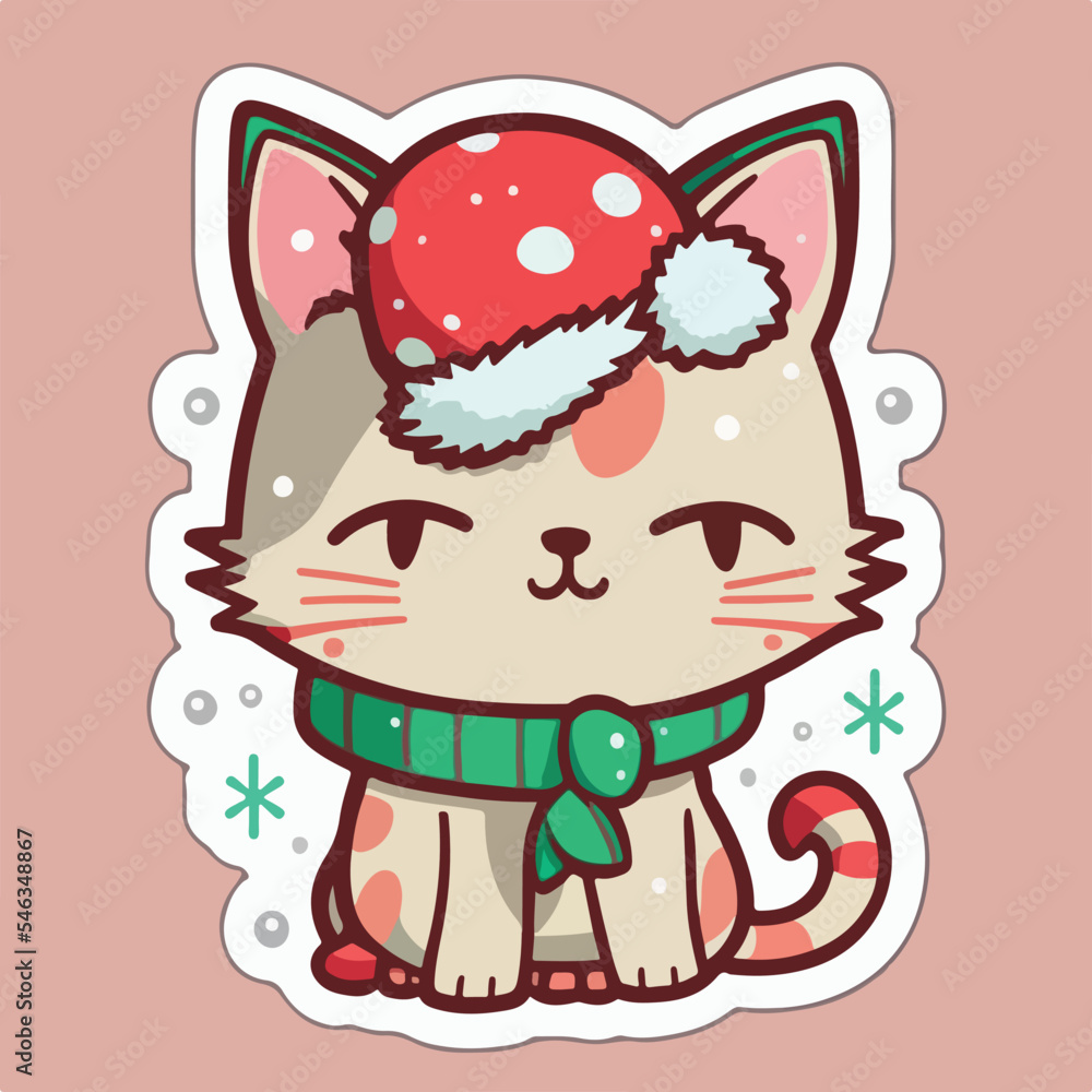 Christmas cat cartoon sticker, xmas kitty stickers isolated decoration. Multicolor Christmas cat cartoon sticker, xmas kitty stickers isolated decoration. Multicolor