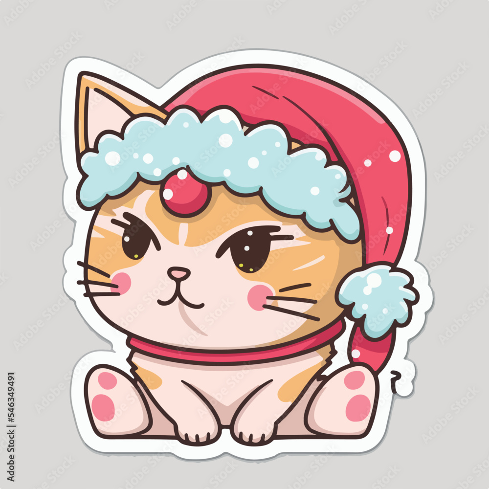 Christmas cat cartoon sticker, xmas kitty stickers pack. Multicolor Christmas cat cartoon sticker, xmas kitty stickers pack. Multicolor