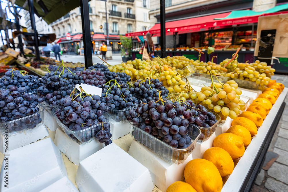 Fresh fruits on display at a street market in Paris, France
