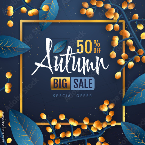 Autumn big sale typography poster with autumn leaves. Nature concept. Vector illustration photo