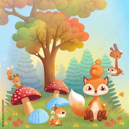 Cute Autumn composition with colorful trees, a cute squirrel holds the mushroom, cute deer lying between trees, and funny fox Perfect for your greeting cards, poster, postcard 2r illustrated