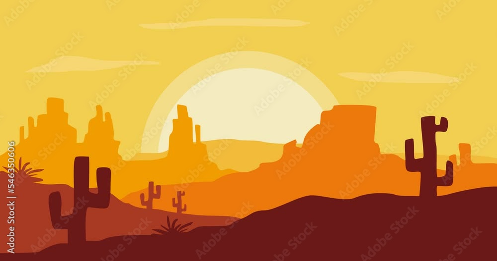 Animated background of rocky mountains and cactus in hot sun Animated background of rocky mountains and cactus in hot sun