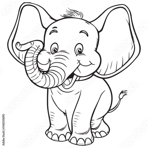 Cute happy cartoon elephant outline vector illustration.Adorable zoo animal for coloring book. Children school education. Contour sketch doodle. Isolated funny baby character. Fun drawing for kids 