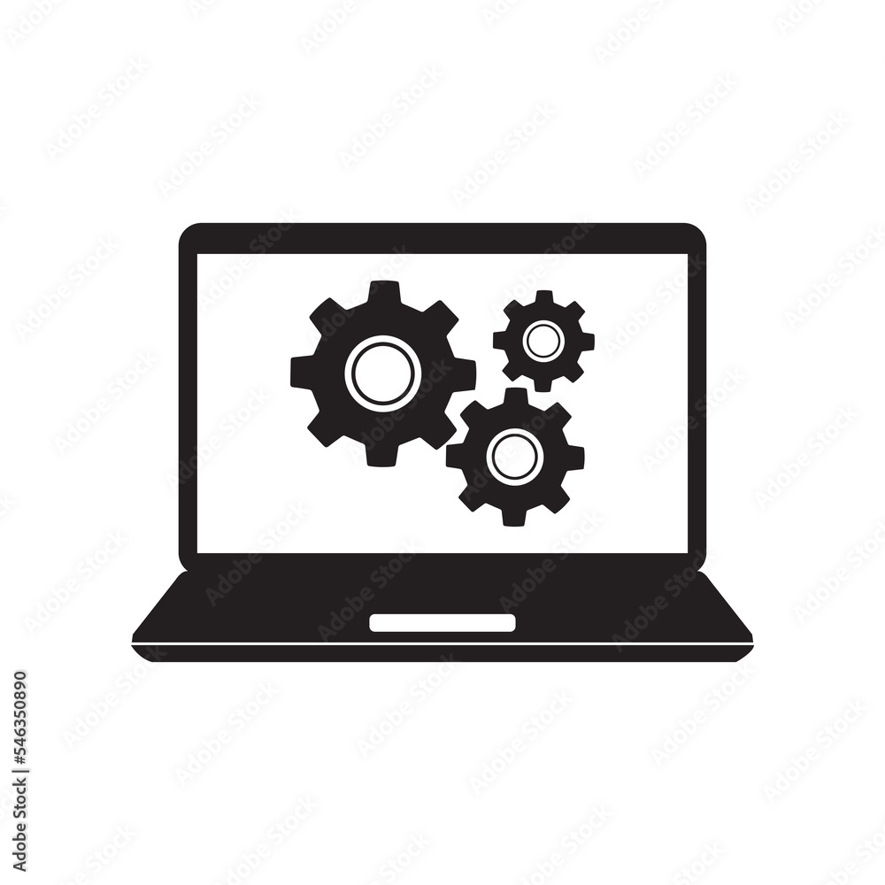 Technical support icon. Computer service. Gears screen laptop. Isolated vector illustration in flat style. Technical support icon. Computer service. Gears screen laptop. Isolated vector illustration in flat style.