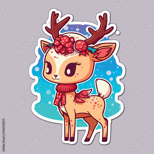 Christmas deer cartoon sticker  xmas reindeer stickers isolated decoration. New-year holidays