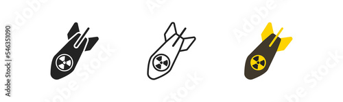 Nuclear bomb outline icon on white background. Missile weapon. Stop war concept. Nuke symbol. Simple flat design.
