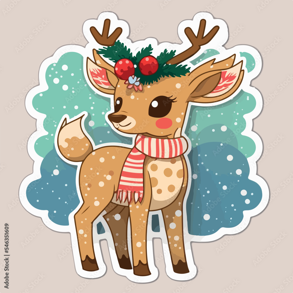 Christmas deer cartoon sticker, xmas reindeer stickers decoration. Winter holidays