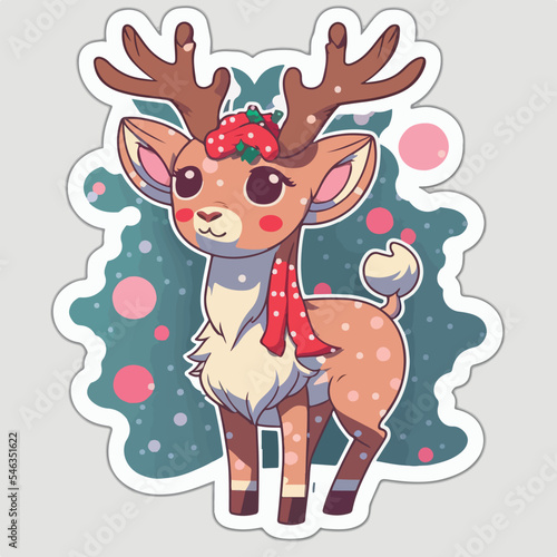 Christmas deer cartoon sticker, xmas reindeer stickers pack. Winter holidays © Llama-World-studio