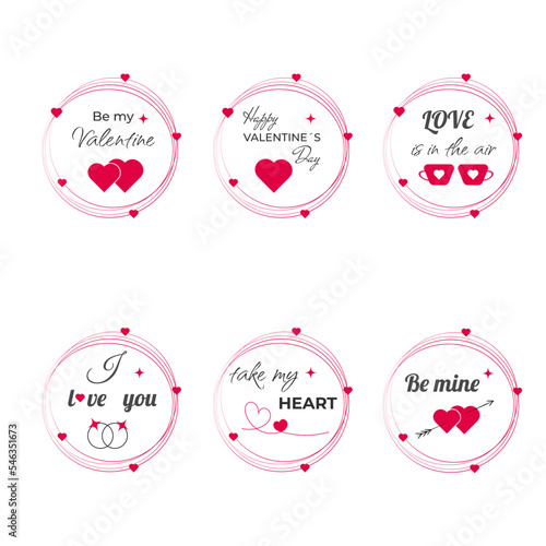 Collection of red, black, white colored Valentine s day tags and badges with lettering. 