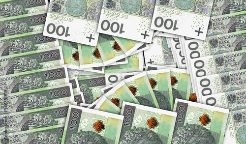Polish Zloty PLN 100 banknotes in a fan mosaic pattern 3d illustration