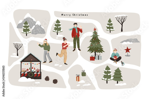 Hand Drawn holiday winter map creator with houses, car, Christmas market stall, pine trees, people and outdoor elements. Flat illustration for poster, greeting card, print