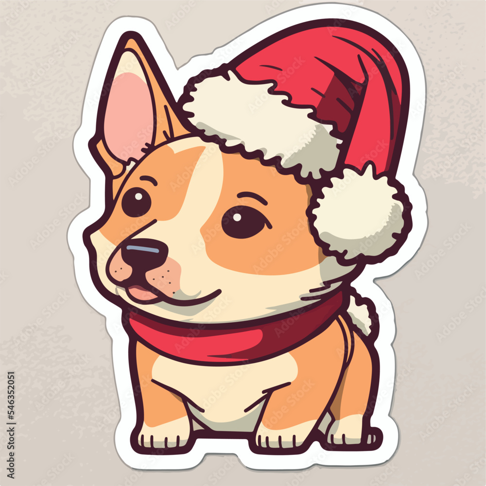 Fototapeta premium Christmas dog cartoon sticker, xmas puppy printable stickers sheet. New-year collection