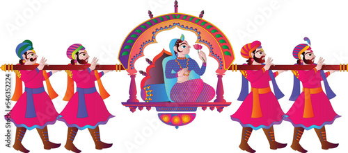 The bride is taken for the marriage ceremony, in 'Doli' or carrier. drawn in Indian folk art, Rajasthan style. for textile printing, logo, wallpaper	