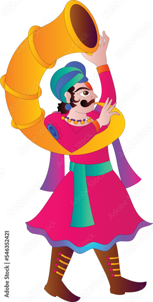 Indian wedding trumpet players were drawn in Indian folk art