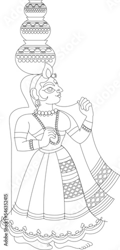 woman in a wedding procession carrying puja thali. matkis on the head, Rajasthani style painting. for textile printing, logo, wallpaper, and wedding card, wedding.
