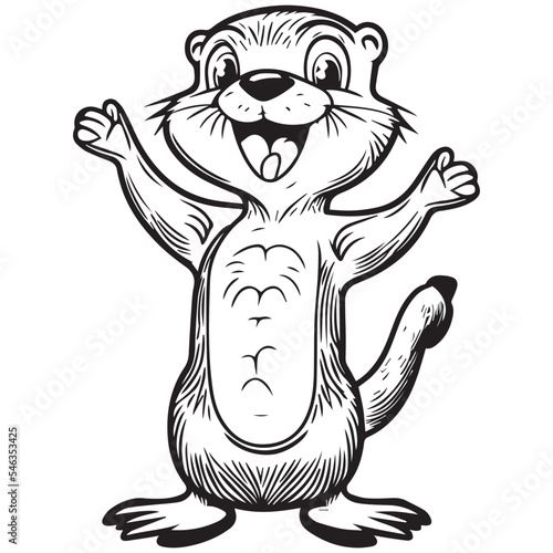 Happy otter playing outside. Coloring book for children. Cartoon outline illustration. Black and white vector drawing. Happy wild animal in nature. Fun isolated coloring page. Comic cute sketch photo