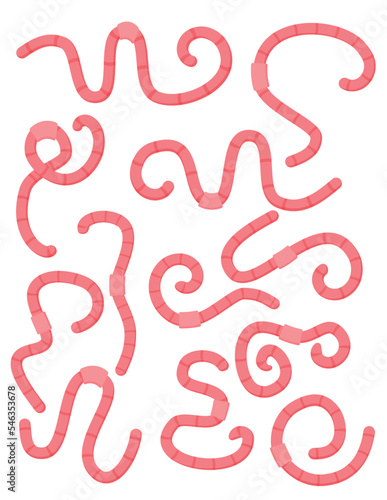 Cartoon pink worms set. Curled wiggling pests or earthworms isolated on white. Vector illustration for soil, nature, wildlife, fishing, helminthic disease concept