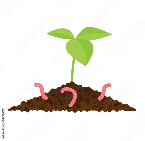 Garden organic fertilizer with worms. Ready compost pile with sprout. Recycling organic waste. Sustainable living concept. Hand drawn vector illustration.