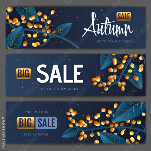 Set of autumn big sale typography banners with autumn leaves. Nature concept. Vector illustration photo