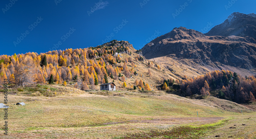 Scenic panorama in Upper Engadin, Switzerland on a sunny day in autumn. To the right the mountain 