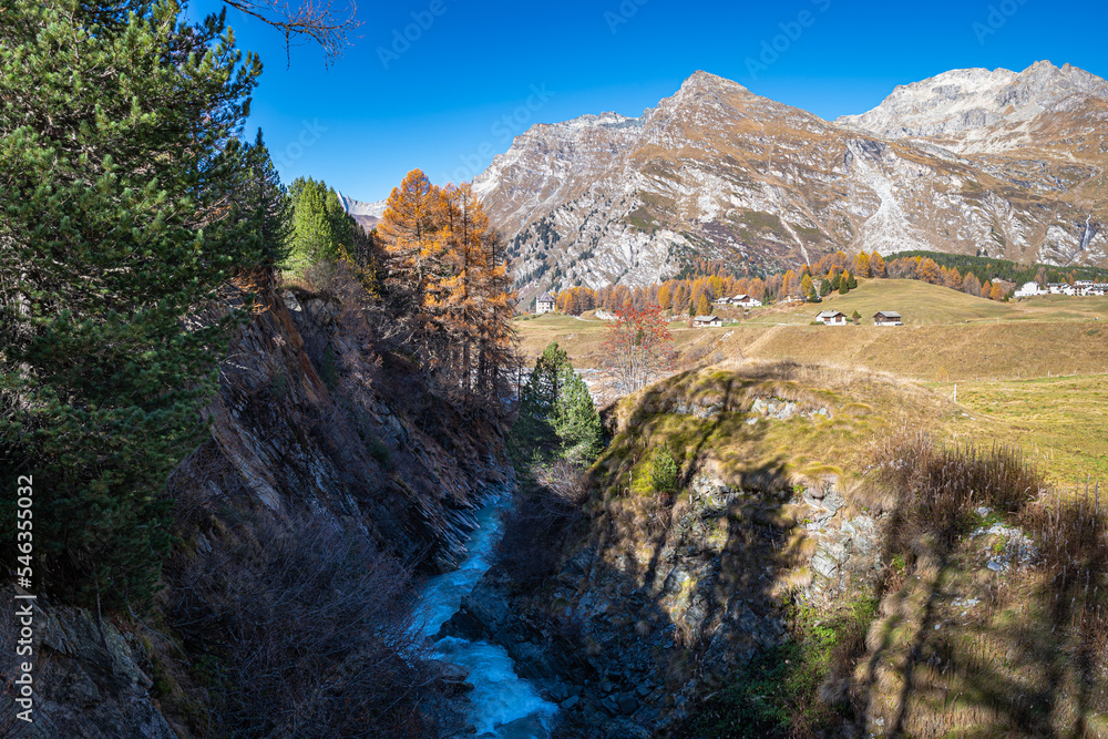 Rugged alpine mountain area with a canyon through which the Orlegna river flows, near the Maloja pass in canton Graubünden, Switzerland.