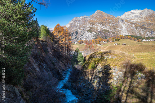 Rugged alpine mountain area with a canyon through which the Orlegna river flows, near the Maloja pass in canton Graubünden, Switzerland.
