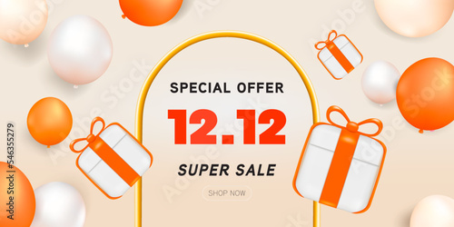 3D Gift voucher super sale banner. For business promotion special offer end year sales and Discount online purchases. Tag label, 3d rendering design. 12.12 ,1212,12 super sale banner.