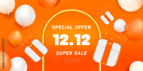 3D Gift voucher super sale banner. For business promotion special offer end year sales and Discount online purchases. Tag label, 3d rendering design. 12.12 ,1212,12 super sale banner.