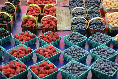 Fresh Fruit in farmer market. Various colorful fresh fruits on stall.