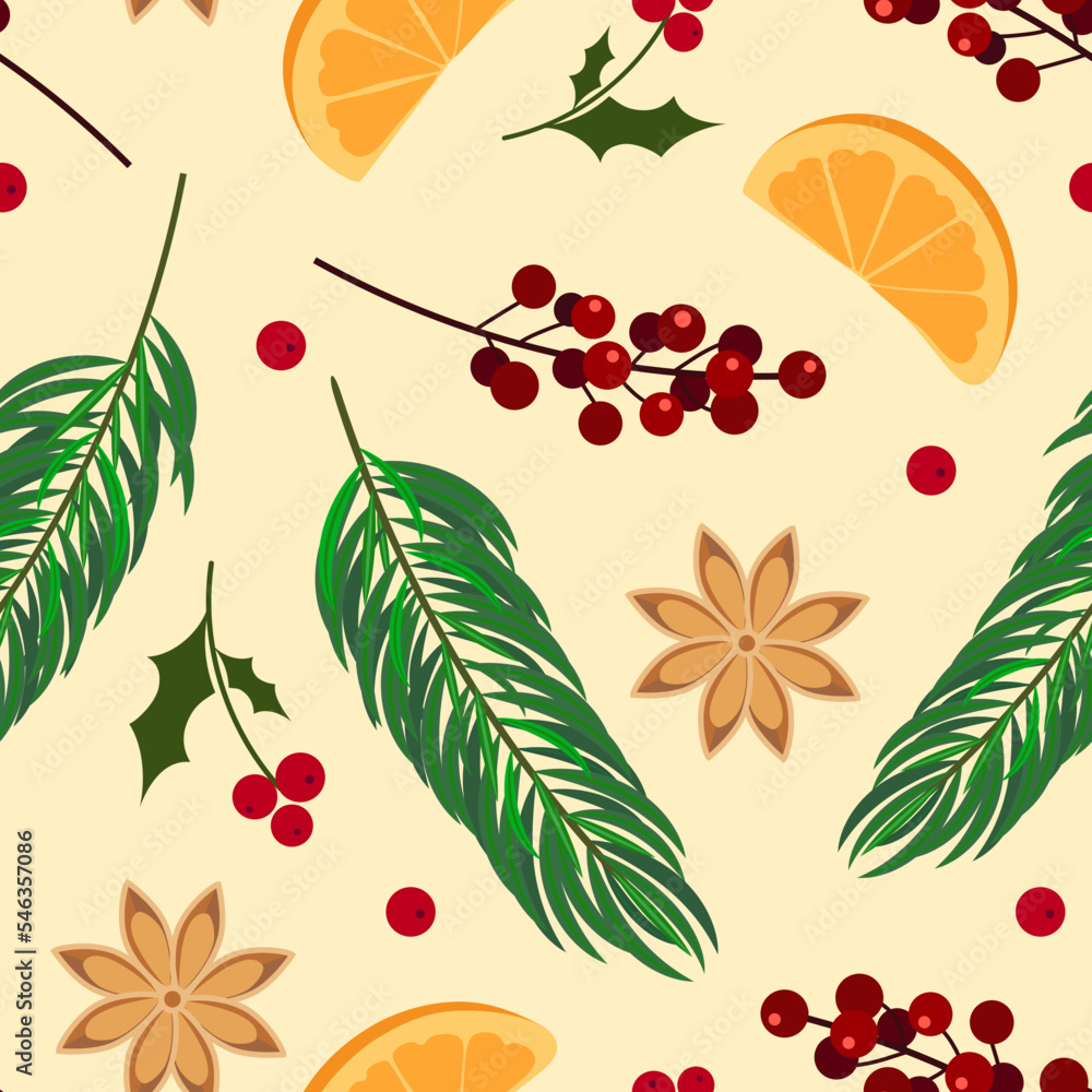 Christmas seamless pattern with spruse, citrus and star anise. EPS 10.