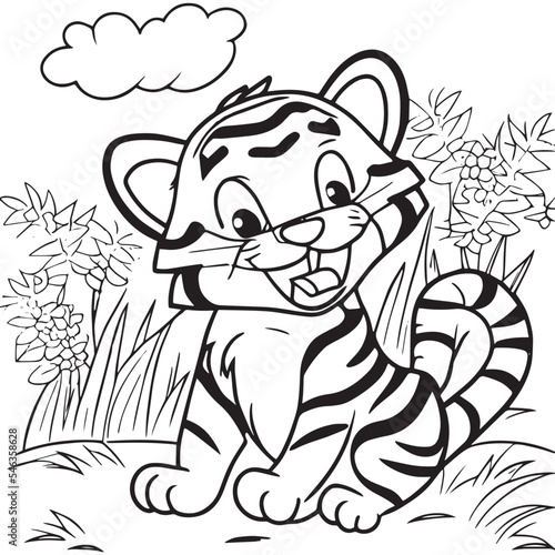 Happy tiger playing outside. Coloring book for children. Cartoon outline illustration. Black and white vector drawing. Cute wild animal in nature. Fun isolated coloring page. Comic sketch for kids