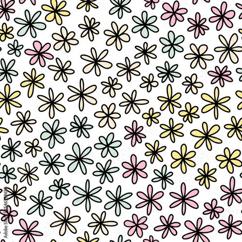 Simple cute flower heads seamless repeat pattern. Random placed, vector minimal ditsy daisy all over surface print on white background.