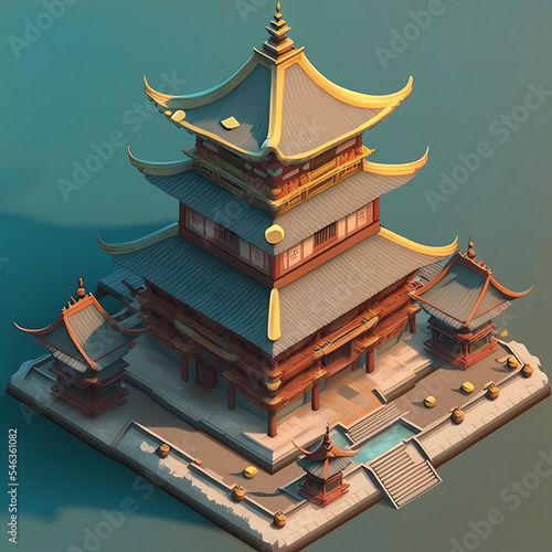 3d isometric ancient Japanese castle