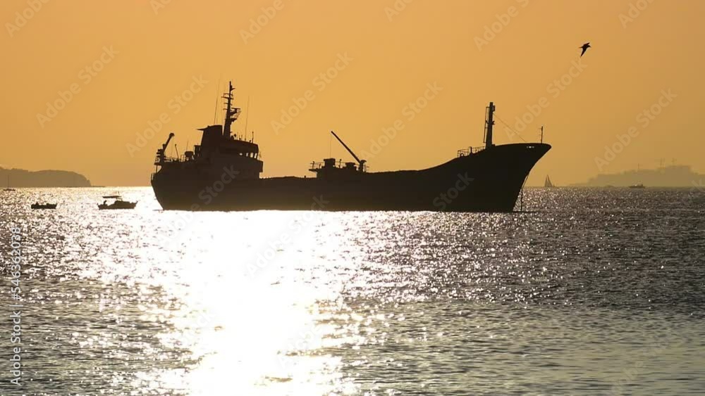 Silhouette of a ship anchored on sunset in Marmara Sea. Dry cargo ship, bulk carrier or freighter is any sort of vessel, carries cargo goods and materials from one port to another ore coal sand timber Silhouette of a ship anchored on sunset in Marmara Sea. Dry cargo ship, bulk carrier or freighter is any sort of vessel, carries cargo goods and materials from one port to another ore coal sand timber