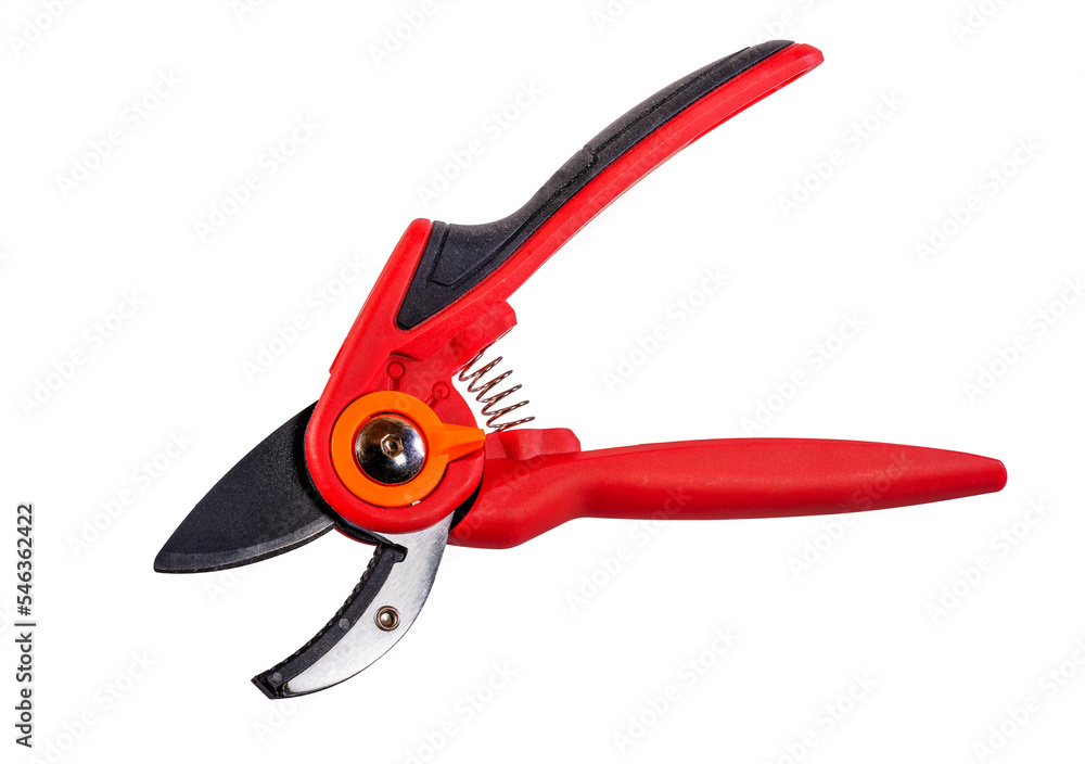 Isolated garden pruner with a red handle