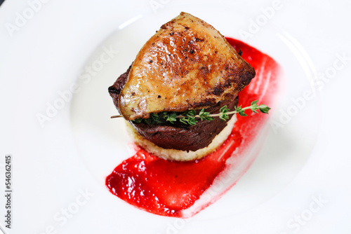 Tournedos Rossini. Foie gras, Black Angus beef tenderloin, with red wine sauce. Fillet mignon steak with Foie Gras.