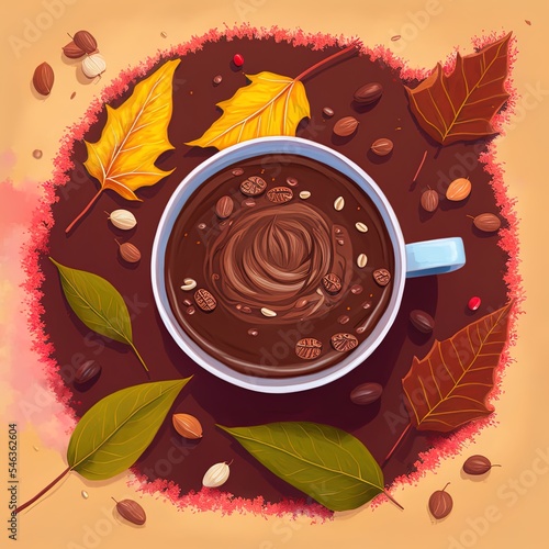Autumn composition Cup of hot chocolate surrounded by autumn leaves Flat lay  top view   anime style