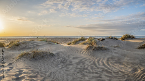 Fototapeta Naklejka Na Ścianę i Meble -  Coucher  de soleil sur les dunes et les plages de sable en bord de mer en Camargue dans le Sud de la France